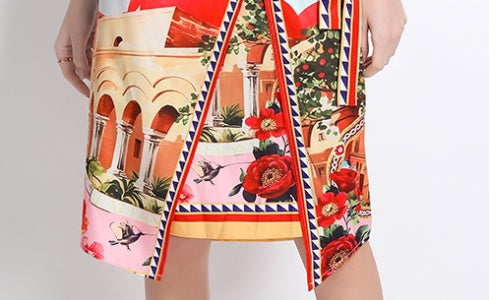 CM-DY032234 Women Elegant European Style Round Neck Short Sleeve All-Over Print Midi Dress