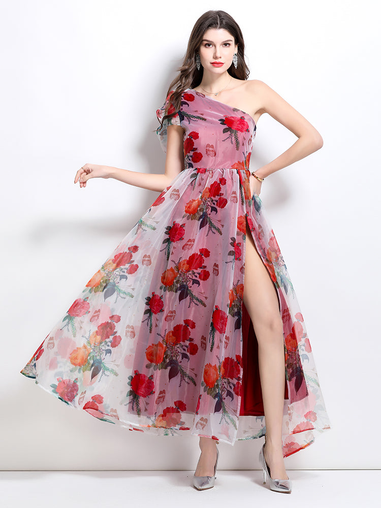 CM-DY032235 Women Elegant European Style Horizontal Collar Sleeveless Organza Floral Maxi Dress - Red