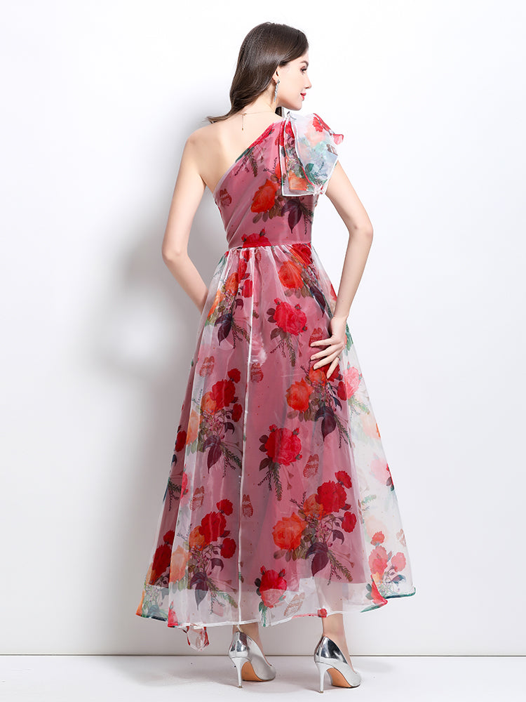 CM-DY032235 Women Elegant European Style Horizontal Collar Sleeveless Organza Floral Maxi Dress - Red