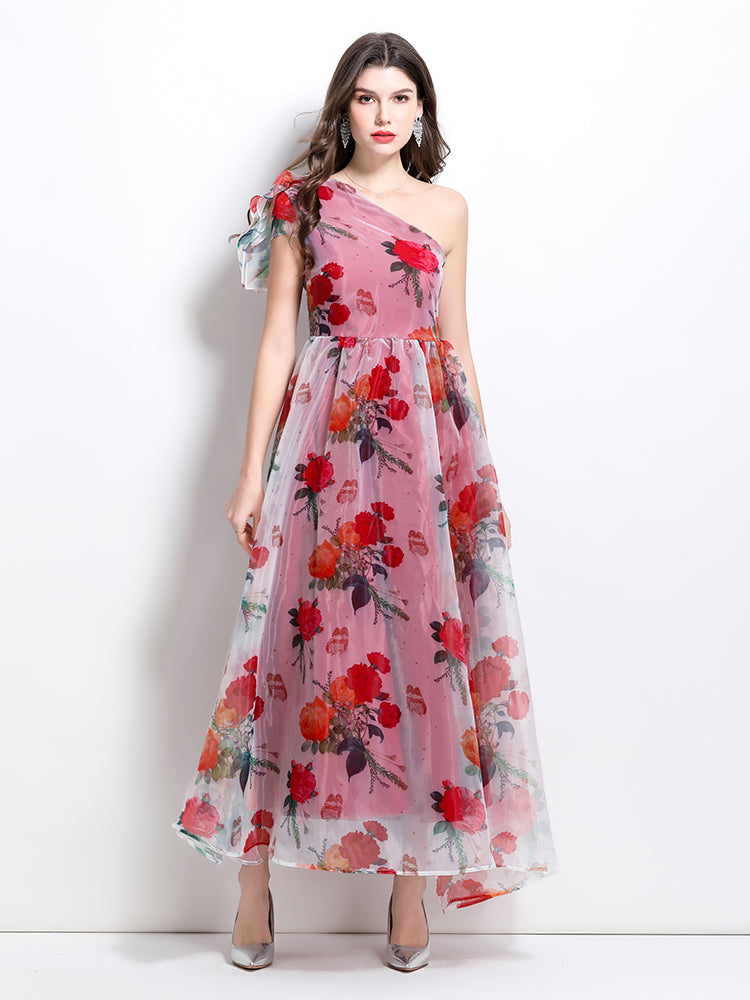 CM-DY032235 Women Elegant European Style Horizontal Collar Sleeveless Organza Floral Maxi Dress - Red