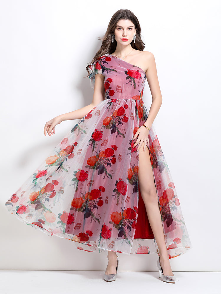 CM-DY032235 Women Elegant European Style Horizontal Collar Sleeveless Organza Floral Maxi Dress - Red
