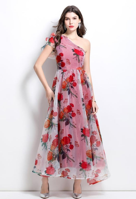 CM-DY032235 Women Elegant European Style Horizontal Collar Sleeveless Organza Floral Maxi Dress - Red