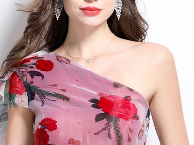 CM-DY032235 Women Elegant European Style Horizontal Collar Sleeveless Organza Floral Maxi Dress - Red