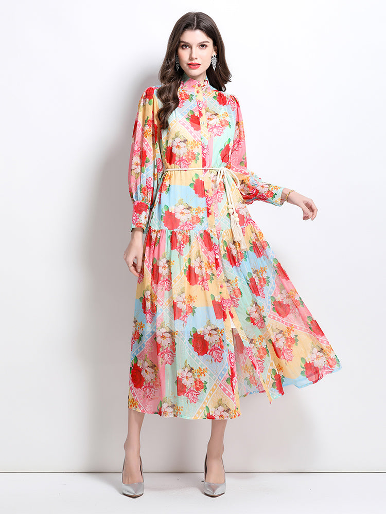 CM-DY032351 Women Elegant European Style Stand Collar Lantern Sleeve Floral Print Ruffle Midi Dress