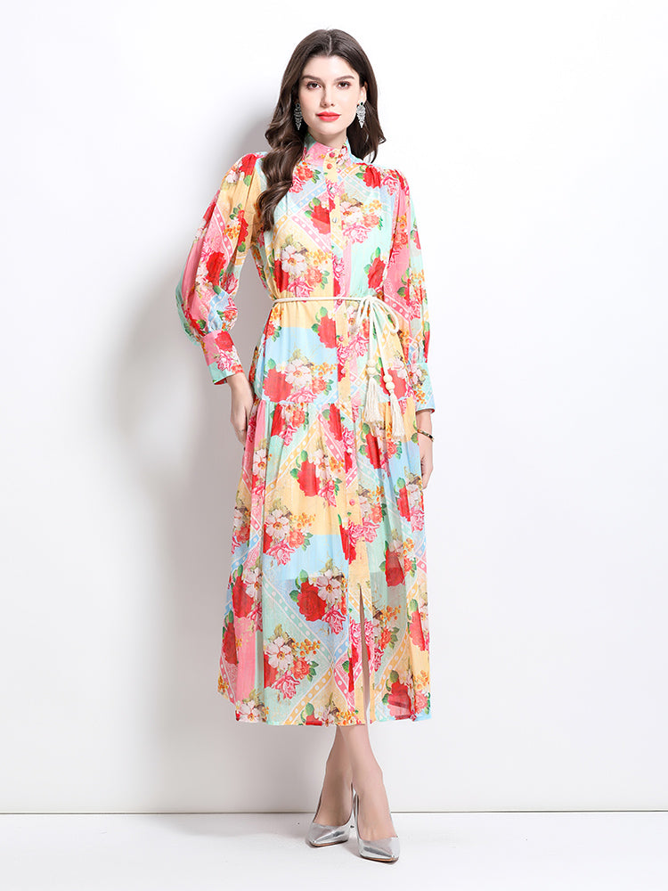 CM-DY032351 Women Elegant European Style Stand Collar Lantern Sleeve Floral Print Ruffle Midi Dress