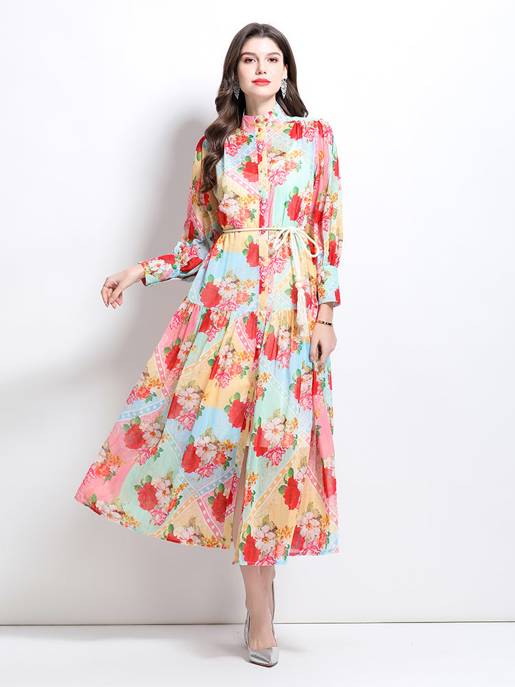CM-DY032351 Women Elegant European Style Stand Collar Lantern Sleeve Floral Print Ruffle Midi Dress