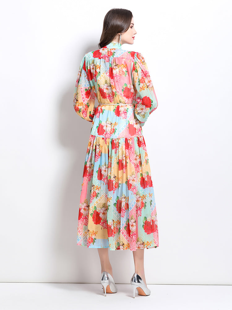 CM-DY032351 Women Elegant European Style Stand Collar Lantern Sleeve Floral Print Ruffle Midi Dress