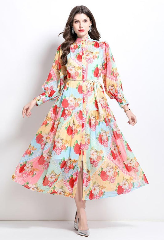 CM-DY032351 Women Elegant European Style Stand Collar Lantern Sleeve Floral Print Ruffle Midi Dress