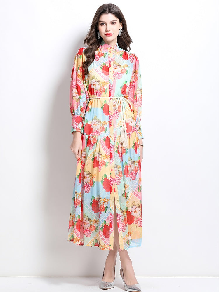 CM-DY032351 Women Elegant European Style Stand Collar Lantern Sleeve Floral Print Ruffle Midi Dress