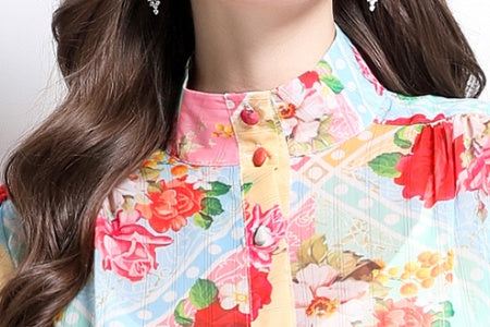 CM-DY032351 Women Elegant European Style Stand Collar Lantern Sleeve Floral Print Ruffle Midi Dress