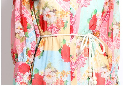 CM-DY032351 Women Elegant European Style Stand Collar Lantern Sleeve Floral Print Ruffle Midi Dress
