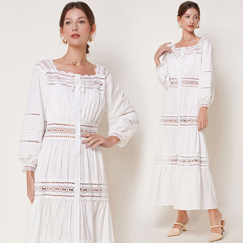 CM-DY032699 Women Elegant European Style Square Neckline Long Sleeve Hollow Maxi Dress