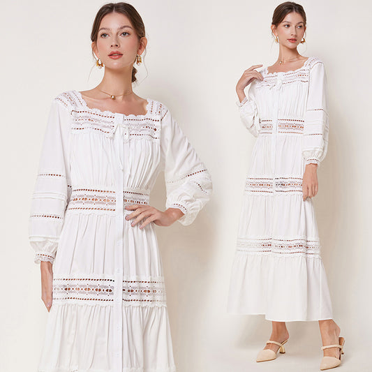 CM-DY032699 Women Elegant European Style Square Neckline Long Sleeve Hollow Maxi Dress