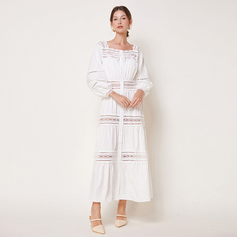 CM-DY032699 Women Elegant European Style Square Neckline Long Sleeve Hollow Maxi Dress