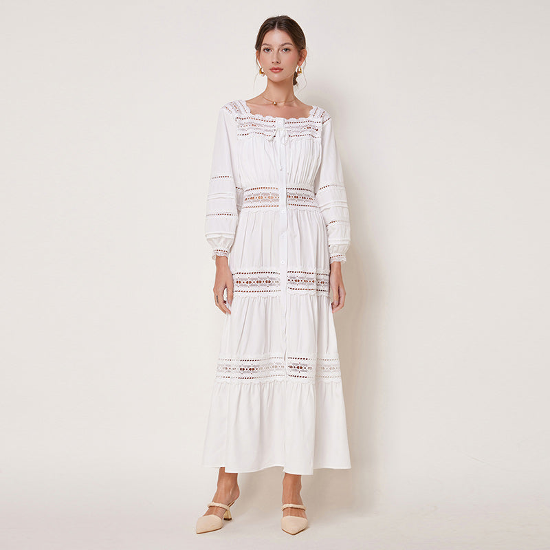 CM-DY032699 Women Elegant European Style Square Neckline Long Sleeve Hollow Maxi Dress