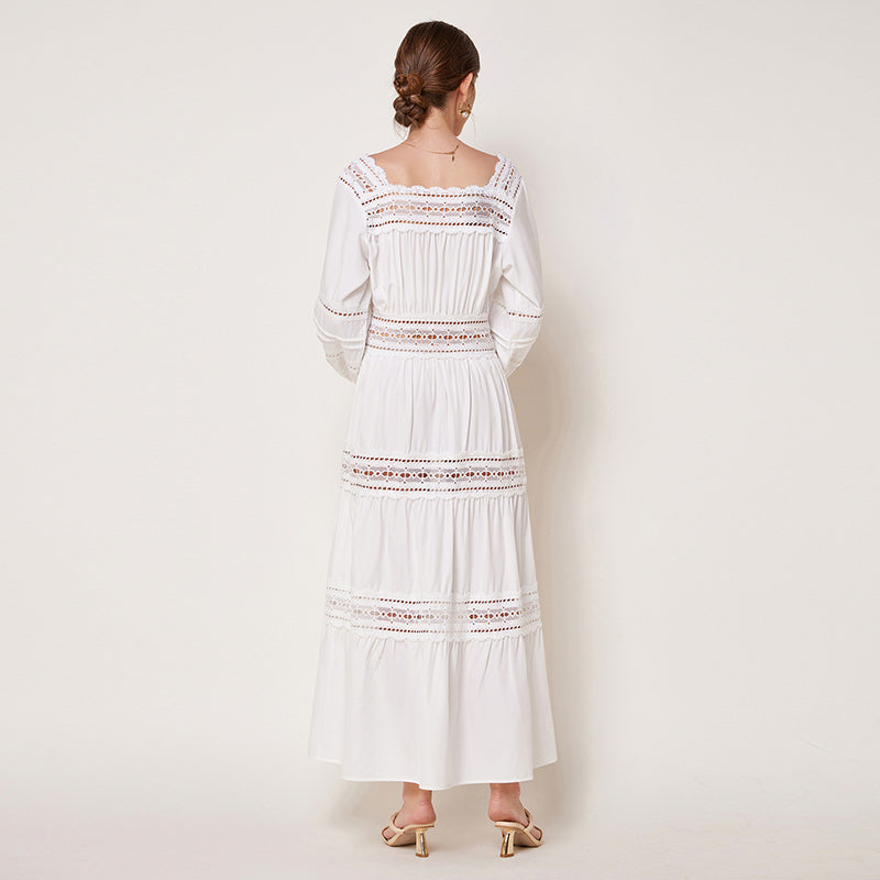 CM-DY032699 Women Elegant European Style Square Neckline Long Sleeve Hollow Maxi Dress
