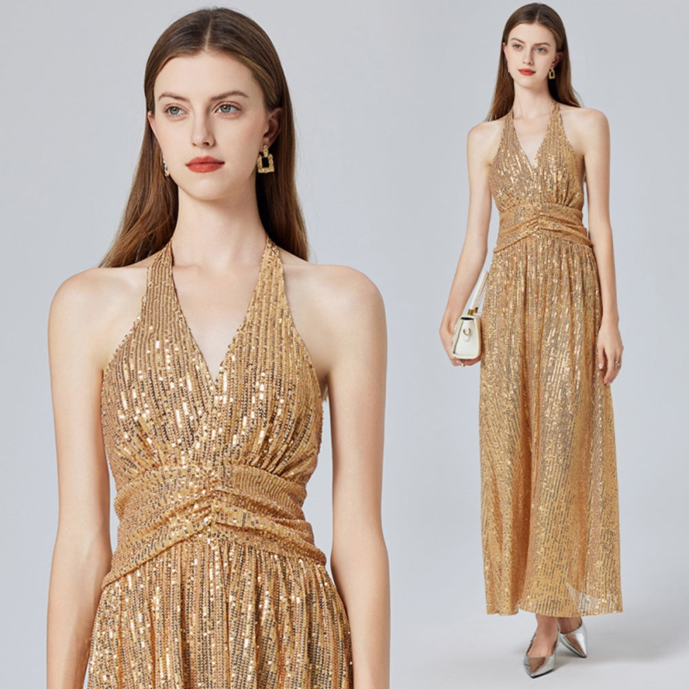 CM-DY032700 Women Elegant European Style Halter Split High Waist Sleeveless Maxi Dress