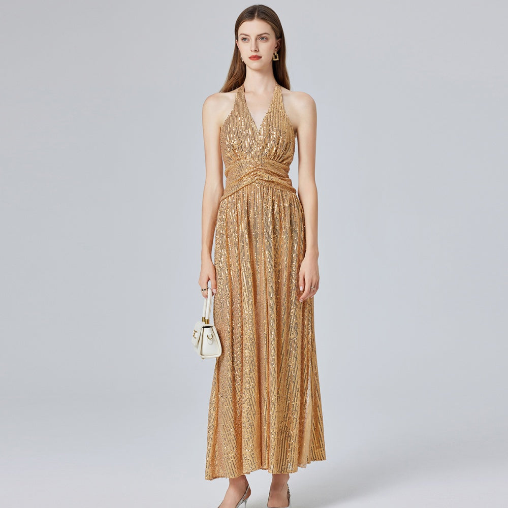 CM-DY032700 Women Elegant European Style Halter Split High Waist Sleeveless Maxi Dress