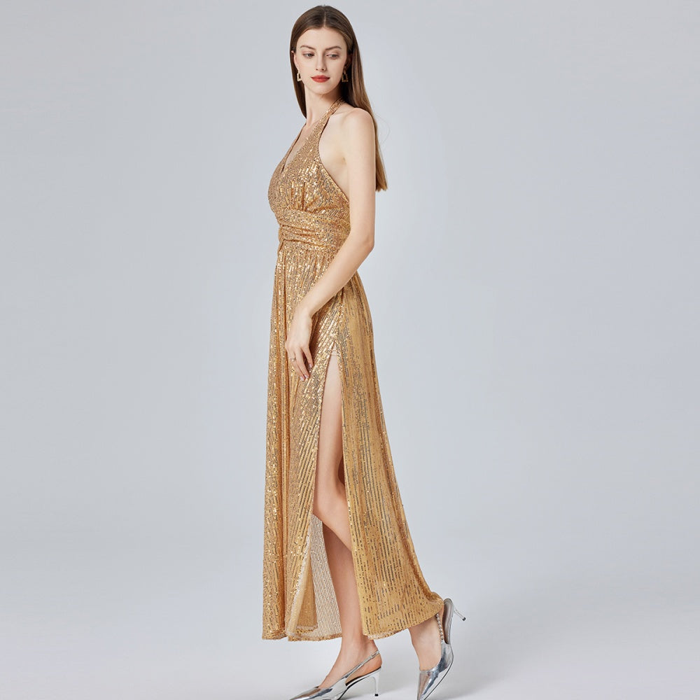CM-DY032700 Women Elegant European Style Halter Split High Waist Sleeveless Maxi Dress