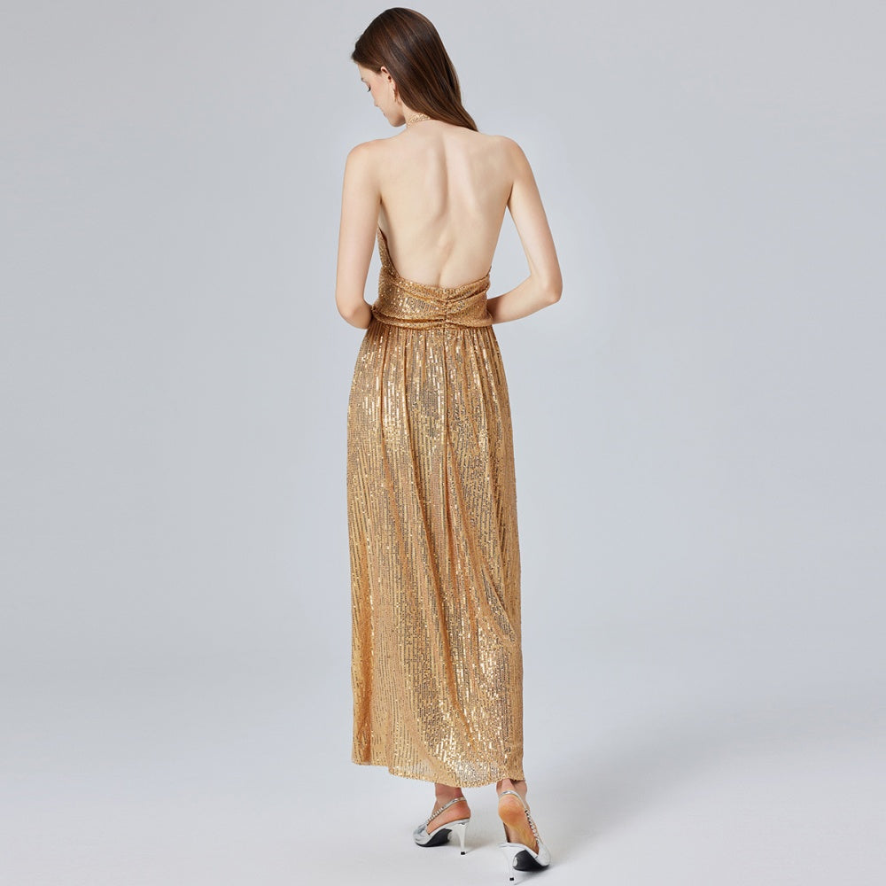 CM-DY032700 Women Elegant European Style Halter Split High Waist Sleeveless Maxi Dress