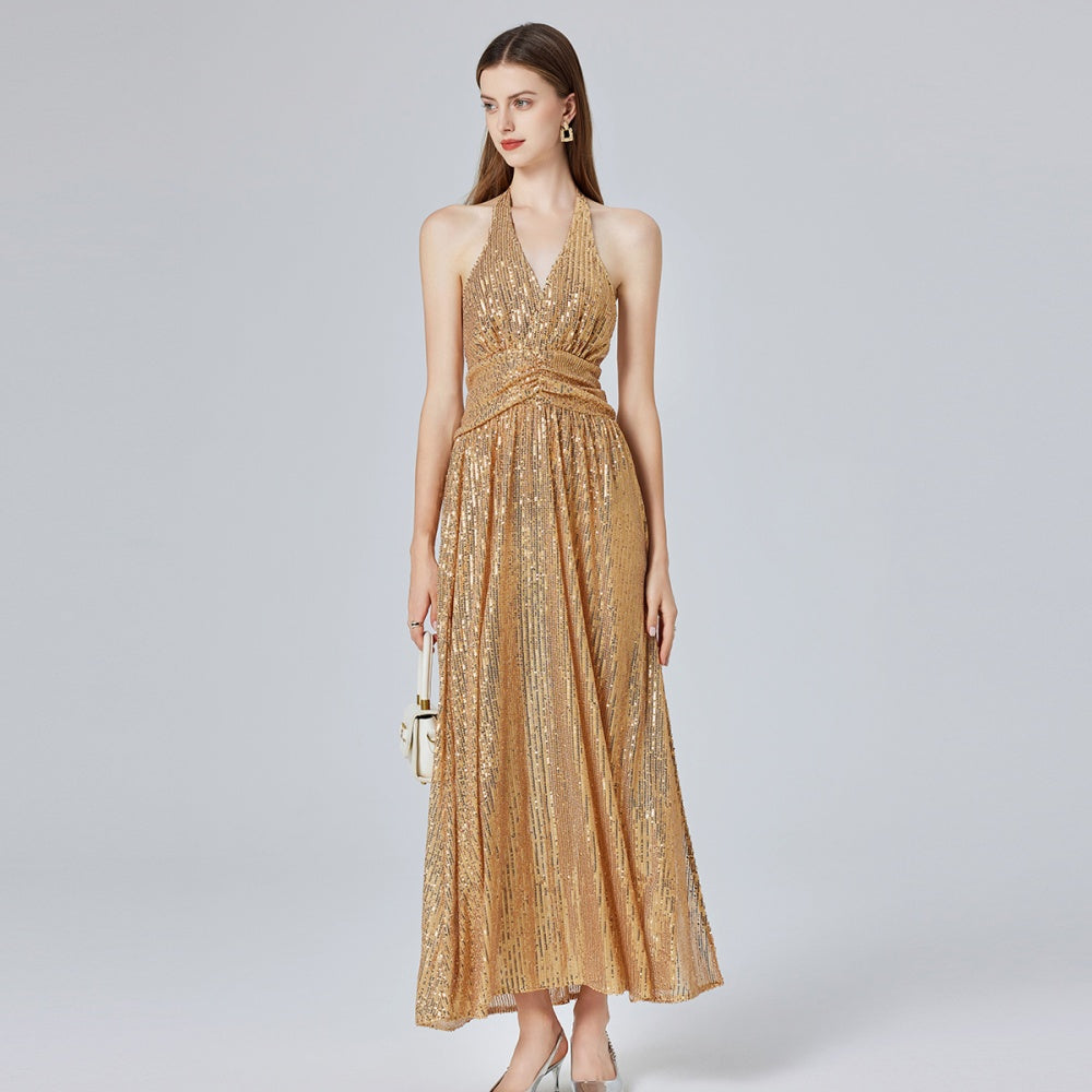 CM-DY032700 Women Elegant European Style Halter Split High Waist Sleeveless Maxi Dress