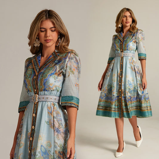 CM-DY033310 Women Elegant European Style V-Neck Single-Breasted Half Sleeve Midi Dress