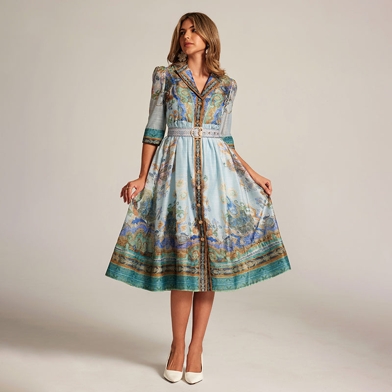 CM-DY033310 Women Elegant European Style V-Neck Single-Breasted Half Sleeve Midi Dress