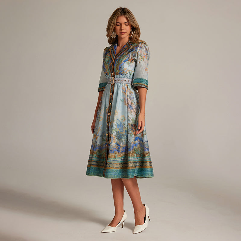 CM-DY033310 Women Elegant European Style V-Neck Single-Breasted Half Sleeve Midi Dress