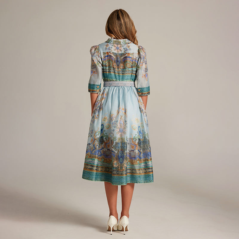 CM-DY033310 Women Elegant European Style V-Neck Single-Breasted Half Sleeve Midi Dress