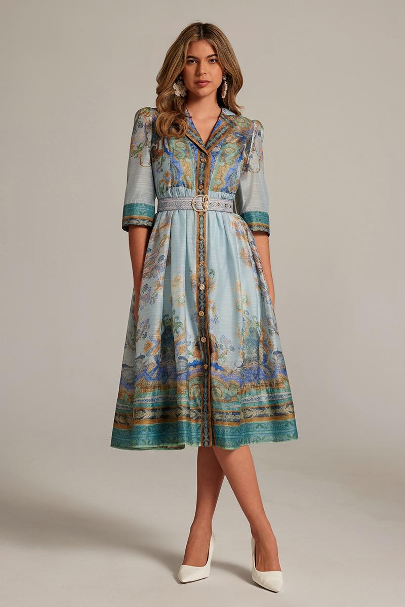 CM-DY033310 Women Elegant European Style V-Neck Single-Breasted Half Sleeve Midi Dress