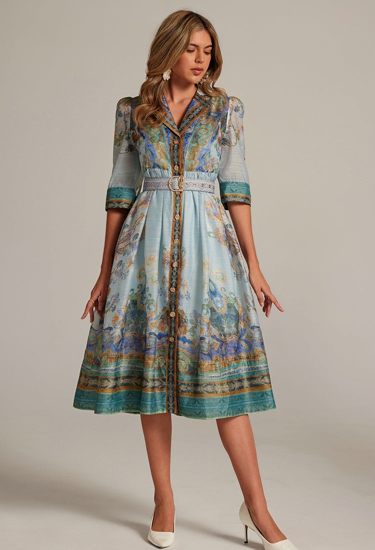 CM-DY033310 Women Elegant European Style V-Neck Single-Breasted Half Sleeve Midi Dress