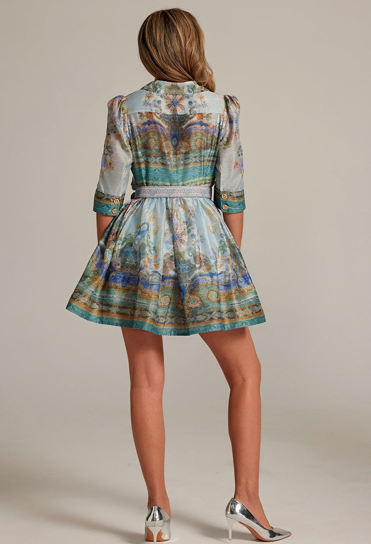 CM-DY033311 Women Elegant European Style Suit Collar Single-Breasted Half Sleeve Dress