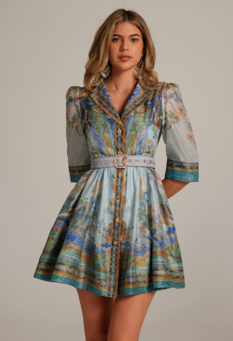 CM-DY033311 Women Elegant European Style Suit Collar Single-Breasted Half Sleeve Dress