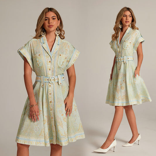 CM-DY033312 Women Elegant European Style Suit Collar Short Sleeve Mini Dress With Belt