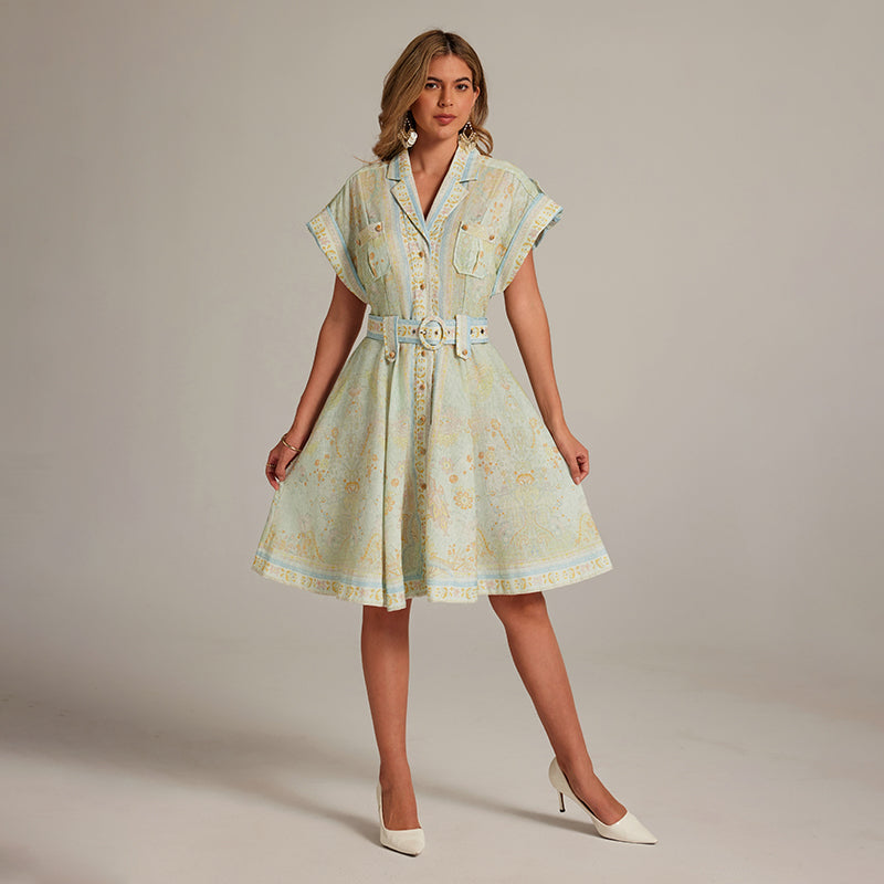 CM-DY033312 Women Elegant European Style Suit Collar Short Sleeve Mini Dress With Belt