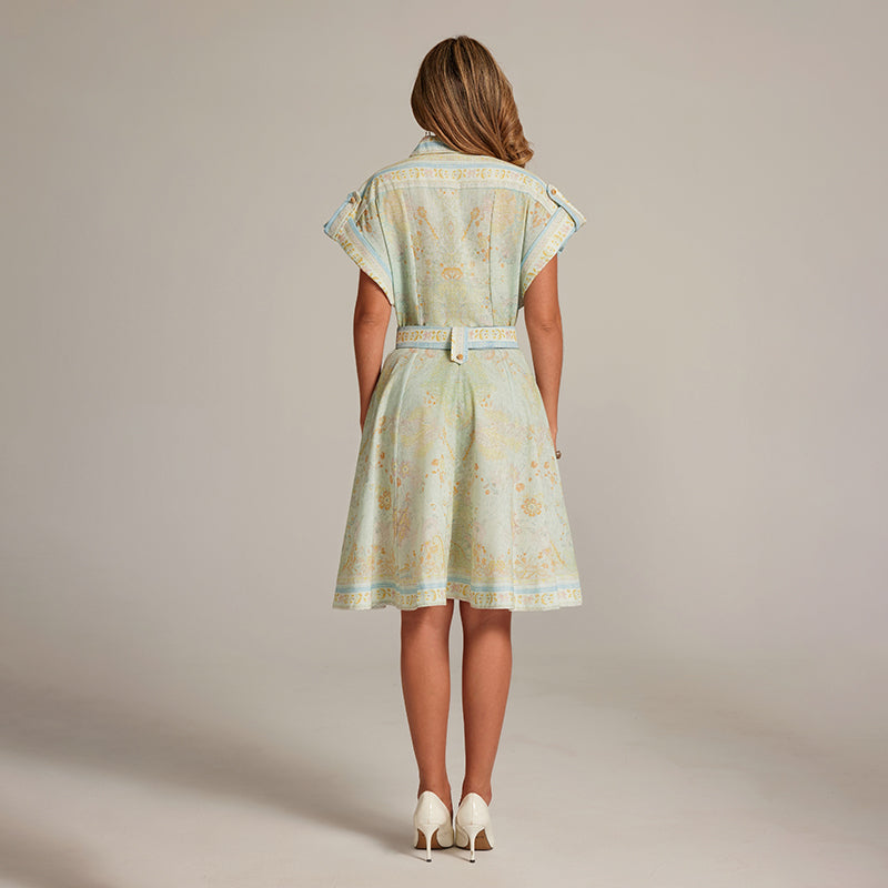 CM-DY033312 Women Elegant European Style Suit Collar Short Sleeve Mini Dress With Belt