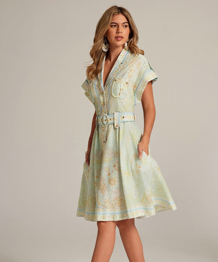 CM-DY033312 Women Elegant European Style Suit Collar Short Sleeve Mini Dress With Belt