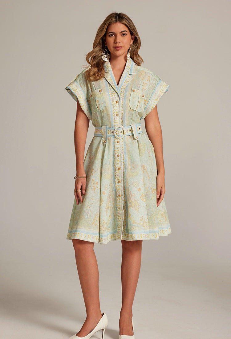 CM-DY033312 Women Elegant European Style Suit Collar Short Sleeve Mini Dress With Belt