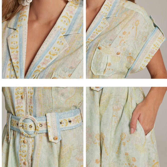 CM-DY033312 Women Elegant European Style Suit Collar Short Sleeve Mini Dress With Belt