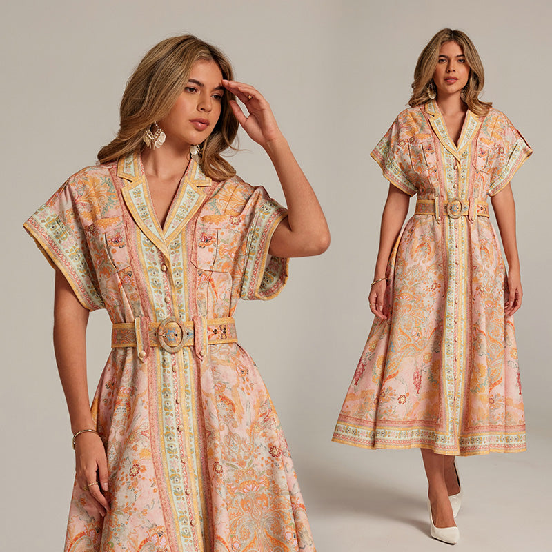 CM-DY033313 Women Elegant European Style Suit Collar Batwing Sleeve Midi Dress With Belt