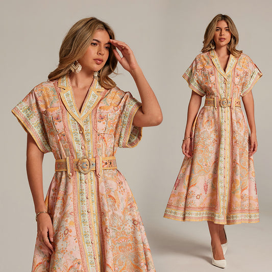 CM-DY033313 Women Elegant European Style Suit Collar Batwing Sleeve Midi Dress With Belt