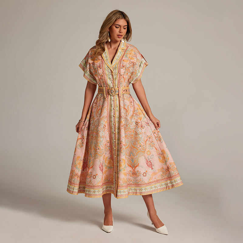 CM-DY033313 Women Elegant European Style Suit Collar Batwing Sleeve Midi Dress With Belt