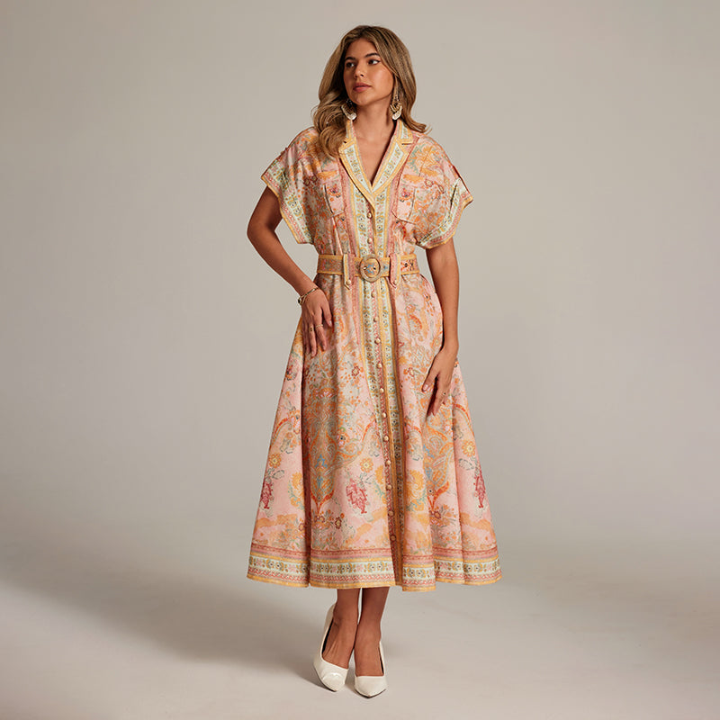 CM-DY033313 Women Elegant European Style Suit Collar Batwing Sleeve Midi Dress With Belt