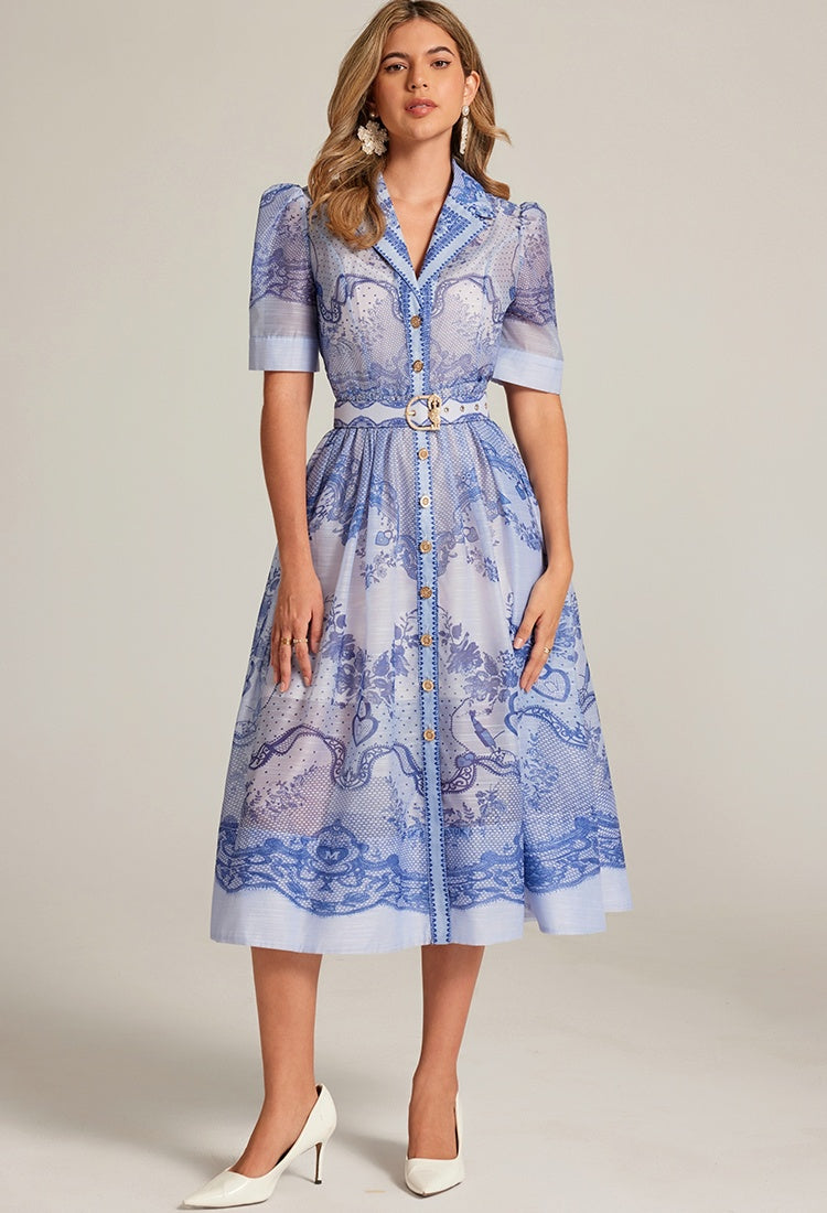 CM-DY033314 Women Elegant European Style Suit Collar Short Sleeve Belted Mid-Length Dress - Blue