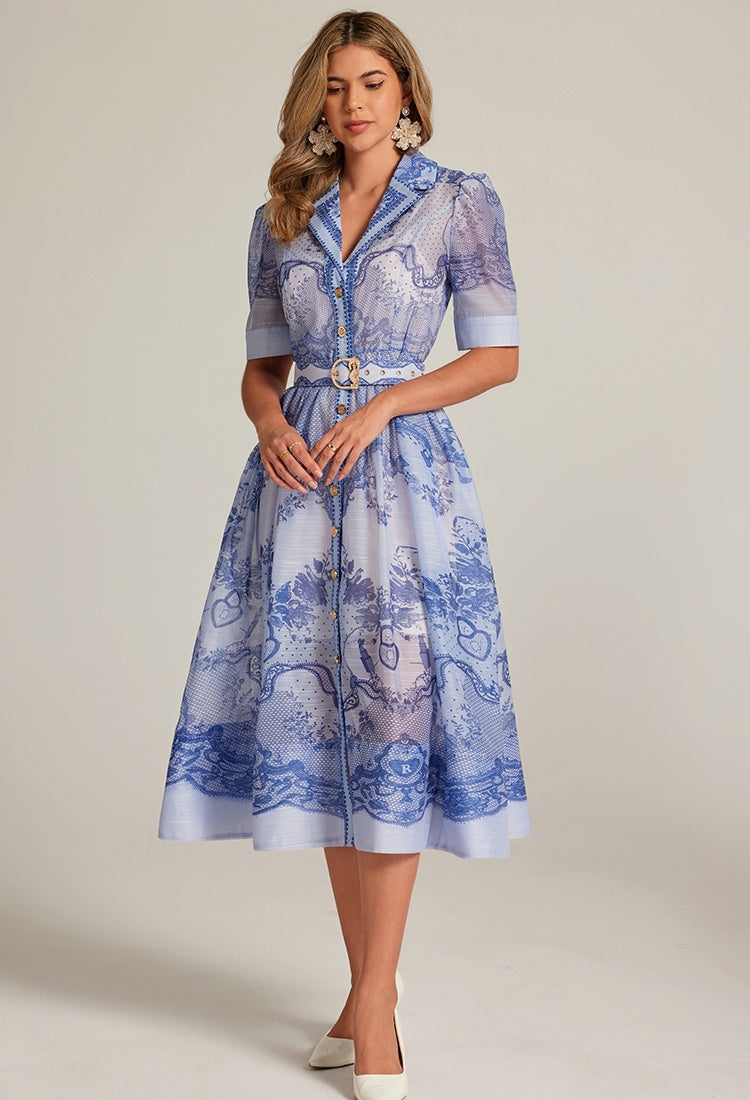 CM-DY033314 Women Elegant European Style Suit Collar Short Sleeve Belted Mid-Length Dress - Blue
