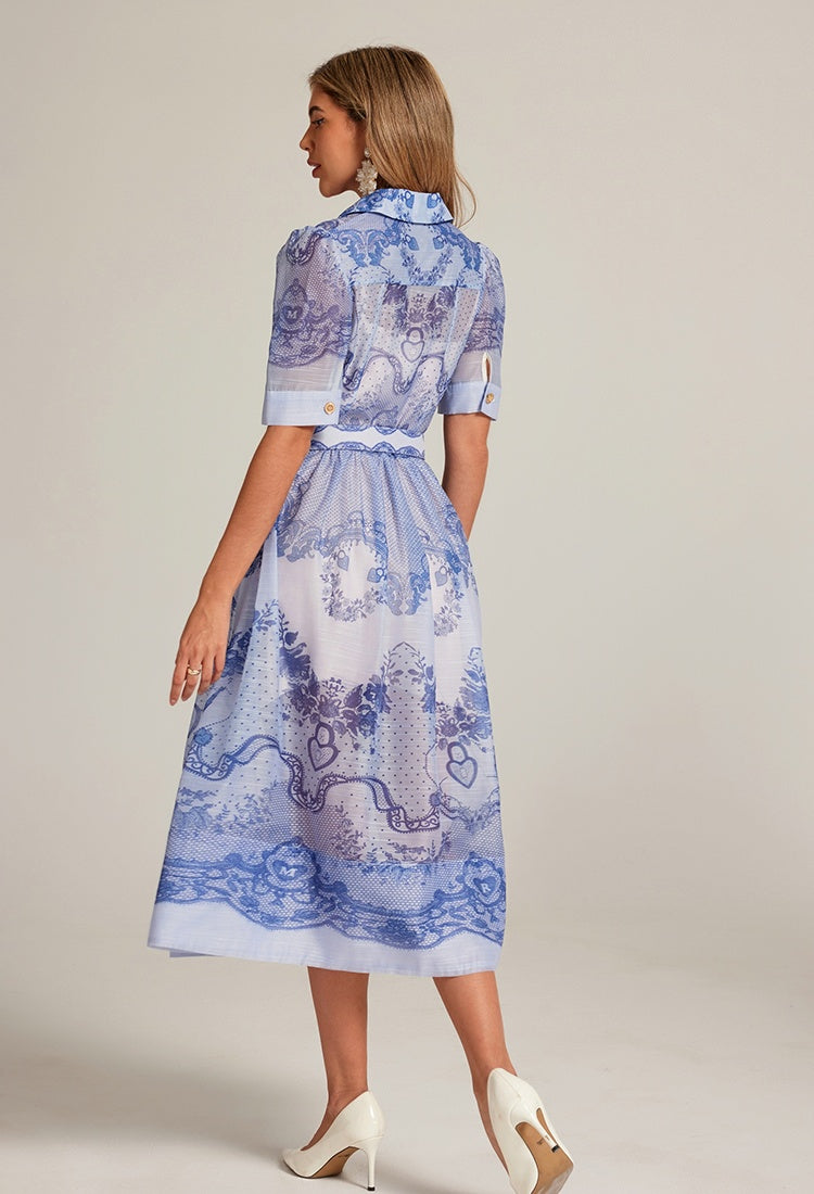 CM-DY033314 Women Elegant European Style Suit Collar Short Sleeve Belted Mid-Length Dress - Blue