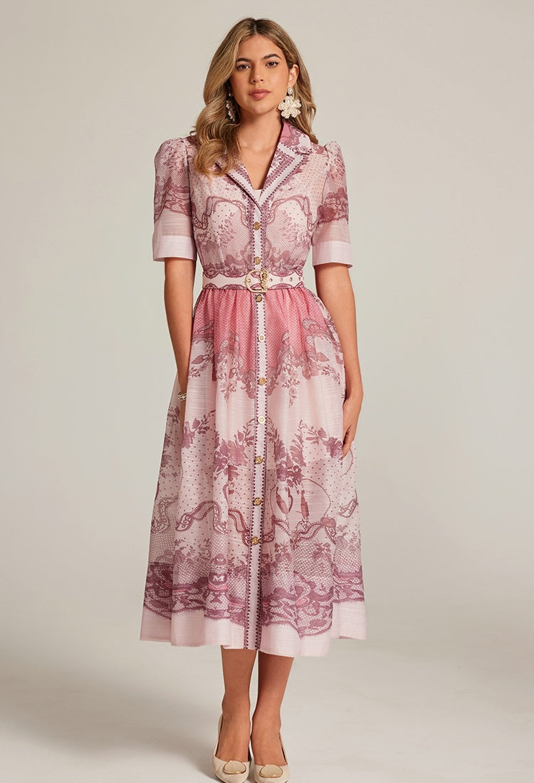 CM-DY033314 Women Elegant European Style Suit Collar Short Sleeve Belted Mid-Length Dress - Pink