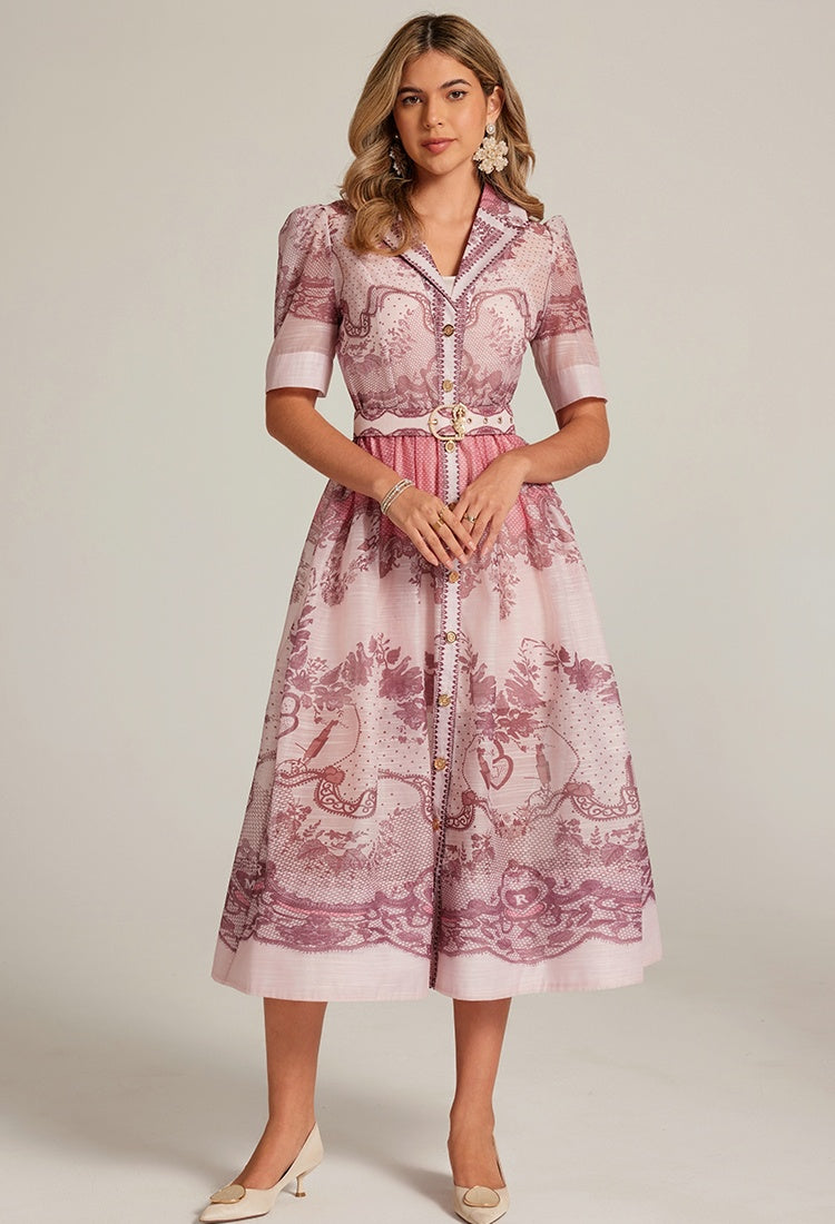 CM-DY033314 Women Elegant European Style Suit Collar Short Sleeve Belted Mid-Length Dress - Pink