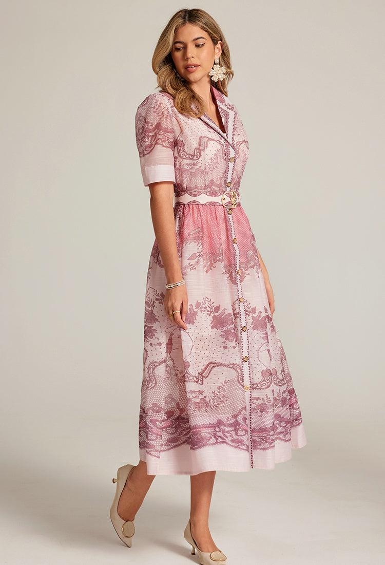 CM-DY033314 Women Elegant European Style Suit Collar Short Sleeve Belted Mid-Length Dress - Pink