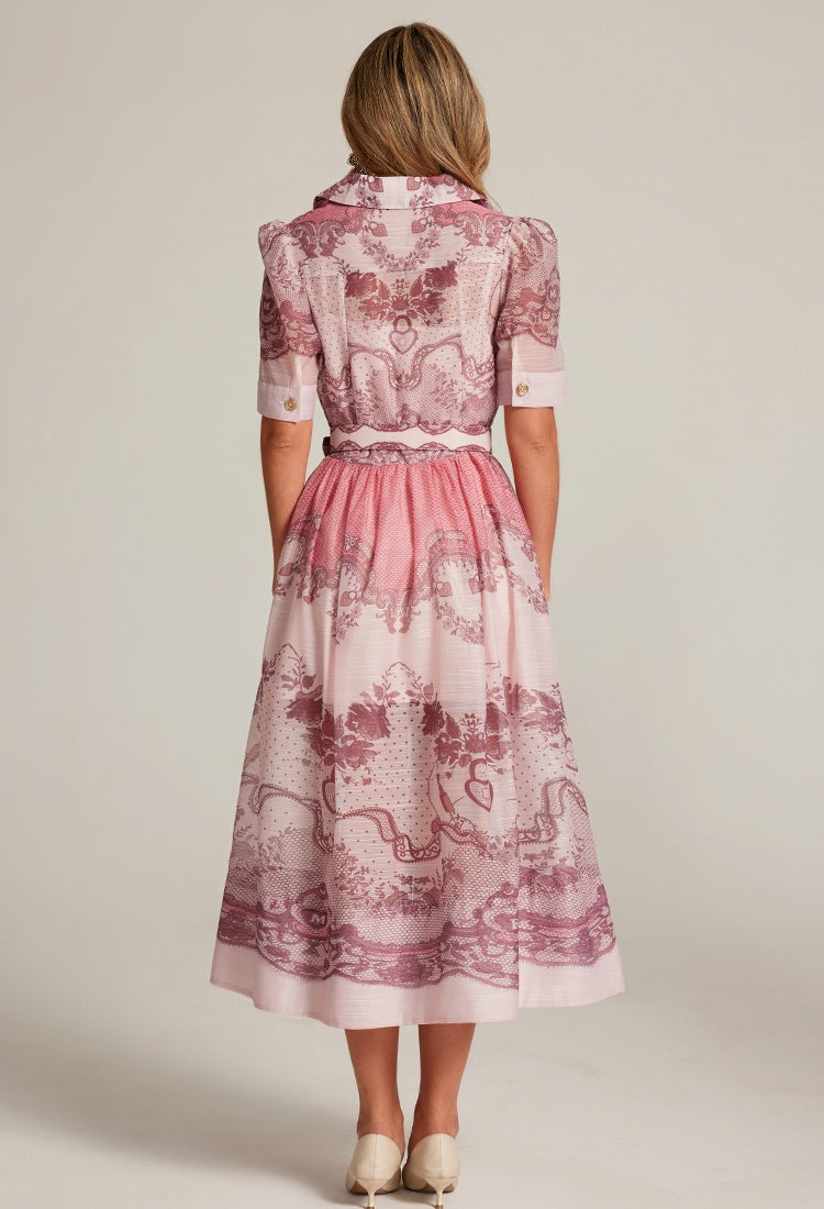 CM-DY033314 Women Elegant European Style Suit Collar Short Sleeve Belted Mid-Length Dress - Pink